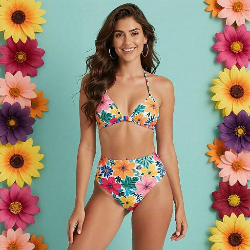 Woman in Floral High-Waisted Bikini with Colorful Flowers