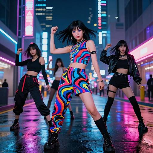 Photograph of three Asian women in a neon-lit, rainy urban street at night. Central woman wears colorful, psychedelic outfit, flanked by two