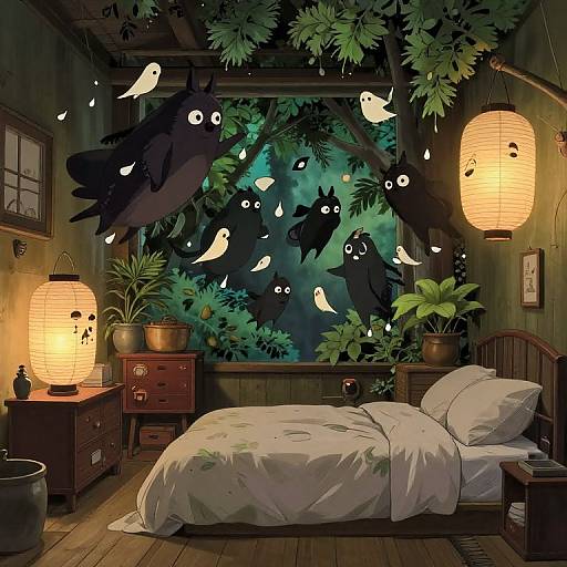 Digital illustration of a cozy, dimly-lit bedroom with paper lanterns, birds flying around a window, and lush greenery outside. Bed with