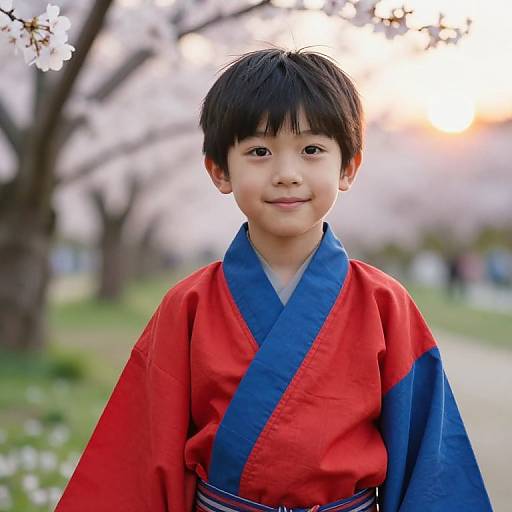 Asian Boy in Traditional Kimono Garden