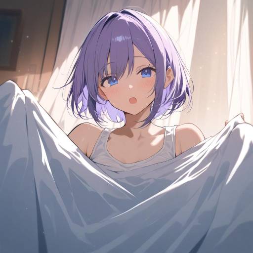 Cute Girl with Purple Hair and Curtains