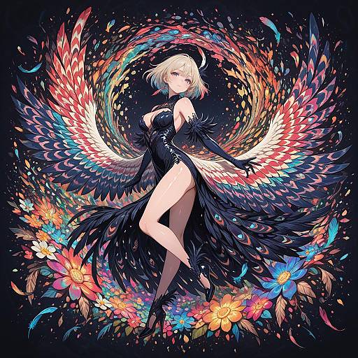 Vibrant Fractal Girl with Feathers