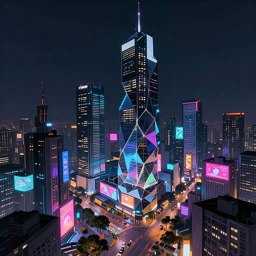 Neon-lit, futuristic cityscape photograph of a skyscraper with glowing geometric patterns, surrounded by brightly illuminated buildings and bustling streets.