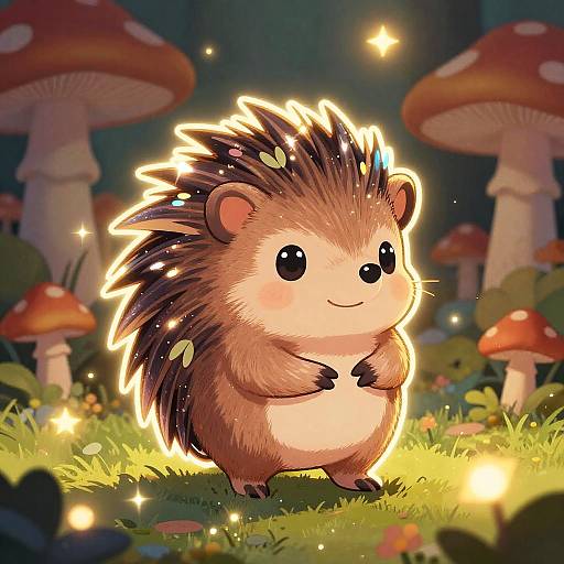 Cute, glowing hedgehog with sparkles standing in a magical forest with glowing mushrooms and fireflies, illustrated in a digital, whimsical style.