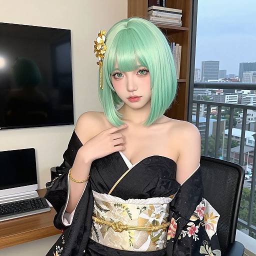 Digital artwork of a fair-skinned woman with mint green bob hair, wearing a black floral kimono, sitting in an office with city view.
