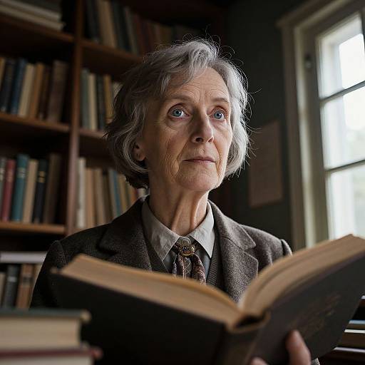 Photograph of an elderly woman with gray hair and blue eyes, wearing a dark suit and tie, reading a book in a dimly lit library with