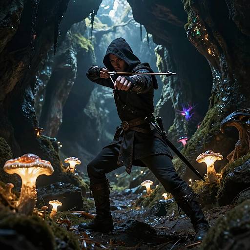 Stealthy Drow Ranger in Bioluminescent Cavern