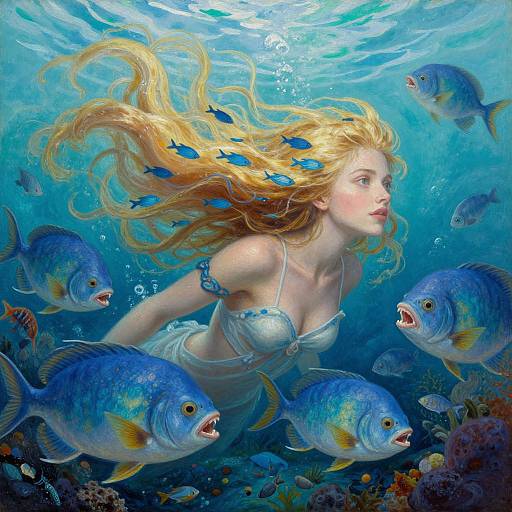 Digital painting of a blonde woman with flowing hair, wearing a white bikini, swimming underwater surrounded by blue fish among colorful coral.