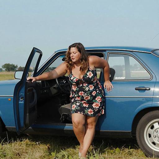 Photograph of a curvy woman with long brown hair, wearing a black floral dress, stepping out of a blue sedan on grassy field under a