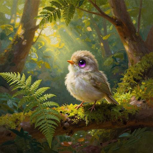 Digital painting of a fluffy, purple-eyed bird perched on a mossy branch in a sunlit, lush forest with dappled light.