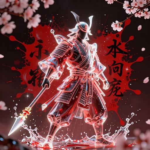 Digital artwork of a glowing samurai standing in water, wearing traditional armor, holding a sword, surrounded by cherry blossoms and red blood splatters.