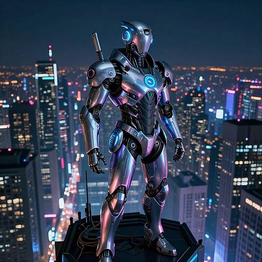CGI image of a futuristic, metallic, humanoid robot with glowing blue eyes and chest emblem, standing on a rooftop against a neon-lit city skyline