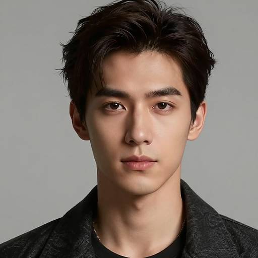 Photorealistic portrait of a young Asian man with fair skin, black messy hair, and neutral expression, wearing a black textured coat, against a plain