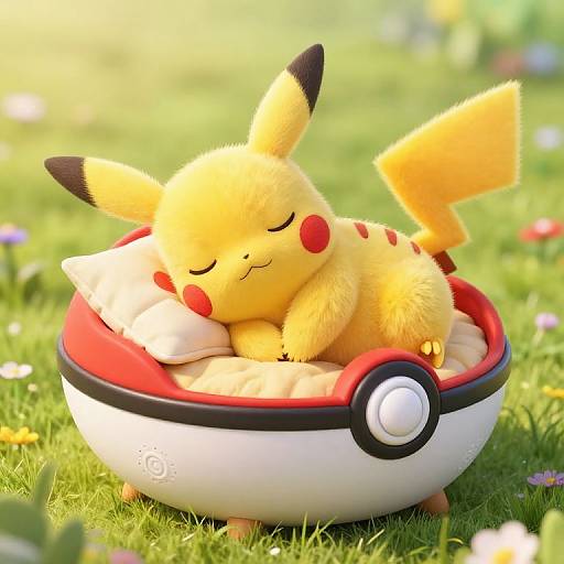 Photorealistic CGI of a cute, sleeping Pikachu with yellow fur, red cheeks, and black-tipped ears, curled up in a Poké Ball