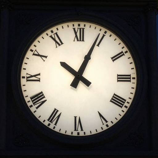 Photograph of a classic black-framed clock with a white face, black Roman numerals, and black hands against a dark background.