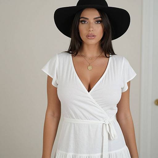 Photograph of a young woman with dark hair, wearing a black wide-brimmed hat, white V-neck dress, and gold necklaces, standing