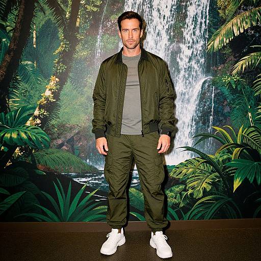 Photograph of a handsome man with short brown hair, beard, wearing a green jacket, grey shirt, olive pants, and white sneakers, standing in