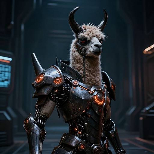 CGI image of a futuristic, robotic llama with black horns, glowing orange accents, and metallic armor in a dark, sci-fi corridor.