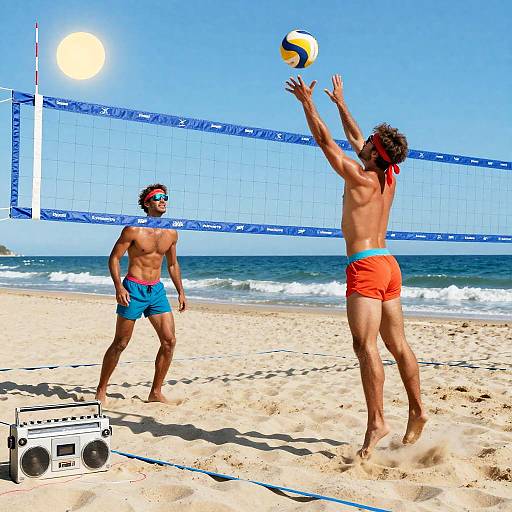 Photograph of two shirtless men, one in blue shorts and the other in orange, playing beach volleyball on sandy shore with a net, sun,