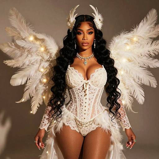 Photograph of a dark-skinned woman with long black curls, wearing a white lace corset, angel wings with feathers, and headpiece, against