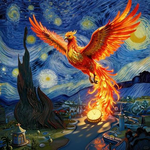 Vibrant digital artwork of a fiery phoenix soaring over a Starry Night village, with swirling blue skies and radiant yellow stars.