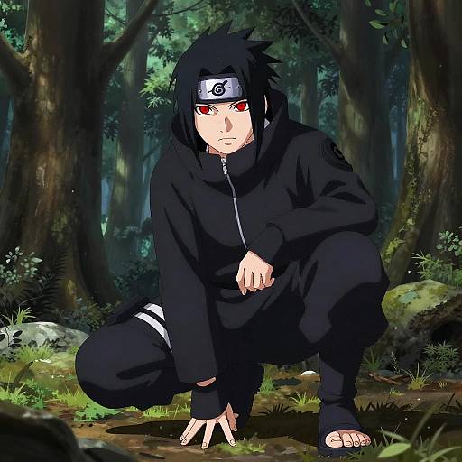 Digital anime-style drawing of a ninja with black hair, red eyes, wearing a black outfit and forehead protector, crouching in a forest.