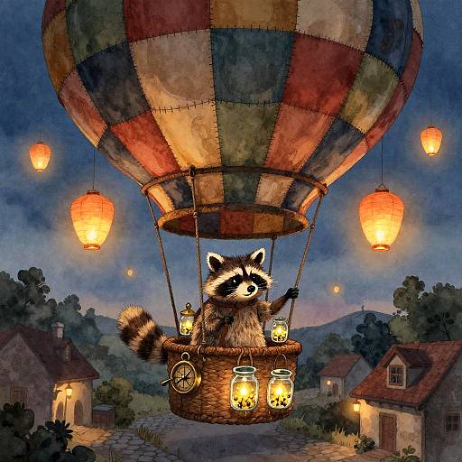 Raccoon Pilots Patchwork Hot Air Balloon