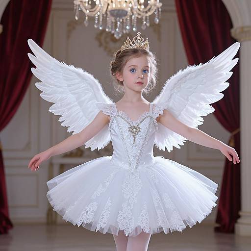 Photograph of a young, fair-skinned girl in a white lace ballet dress with angel wings, gold tiara, and blue eyes, standing in