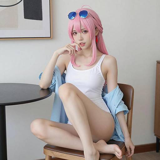 Pink-Haired Anime Cosplayer in Swimsuit