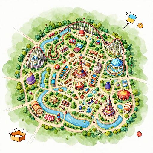 Colorful aerial map of a vibrant amusement park with roller coasters, water rides, circus tents, and various attractions surrounded by green trees.