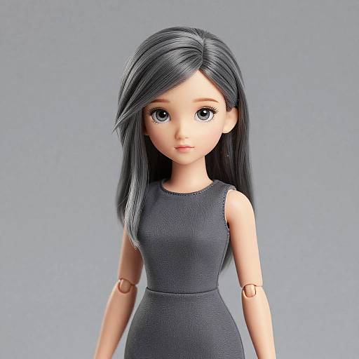 Digital CGI of a cute anime-style doll with long black hair, large blue eyes, and a sleeveless dark gray dress, standing against a plain gray