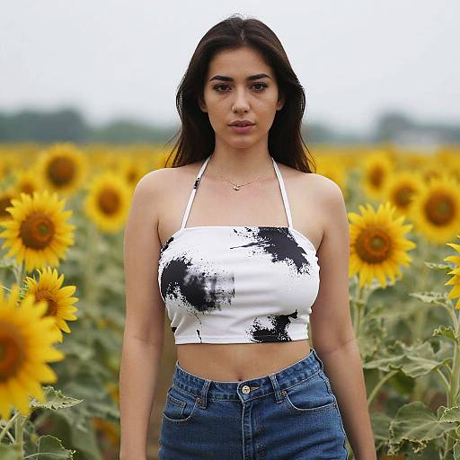 Photograph of a young woman with long dark hair, wearing a white and black abstract crop top and blue jeans, standing in a sunflower field.