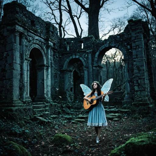 Woodland Fairy Playing Guitar at Ancient Ruins