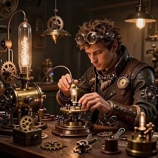 Steampunk Inventor in Cluttered Workshop
