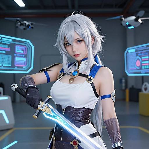 CGI image of a silver-haired anime woman in a white and black sci-fi outfit, holding a glowing sword, standing in a futuristic lab with holog