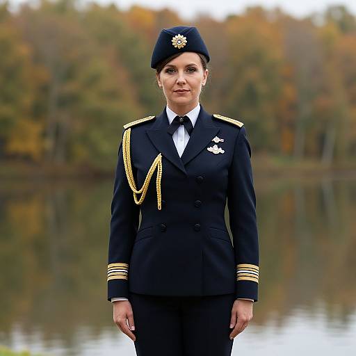 Photograph of a woman in a navy naval officer uniform with gold stripes, black beret, white shirt, and black tie, standing in front of