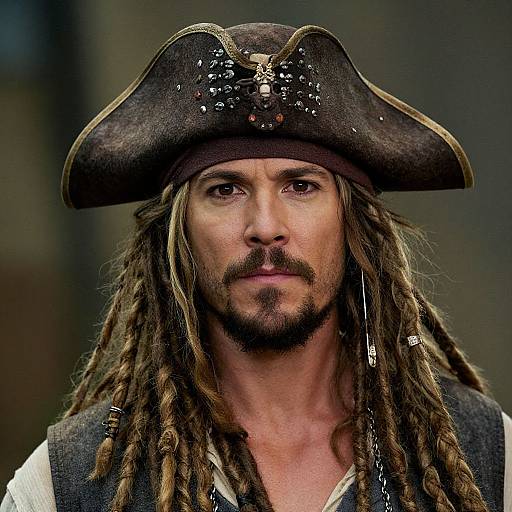 Photograph of a rugged, white, bearded man with long, brown dreadlocks, wearing a dark, ornate pirate hat and vest, against