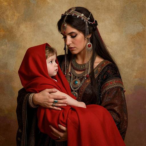 Gypsy Woman Holding Child in Red Fabric