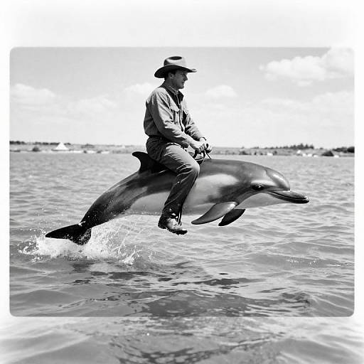 Black-and-white photograph of a man in a hat and jacket riding a dolphin across choppy ocean water, sky and shoreline in background.