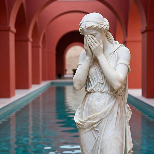 Photograph of a white marble statue of a sorrowful woman with hands to her face, standing in a red arched corridor with a blue-tiled