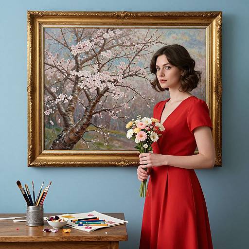 Photograph of a woman in a red dress holding a bouquet, standing before a cherry blossom painting, beside a wooden table with art supplies.