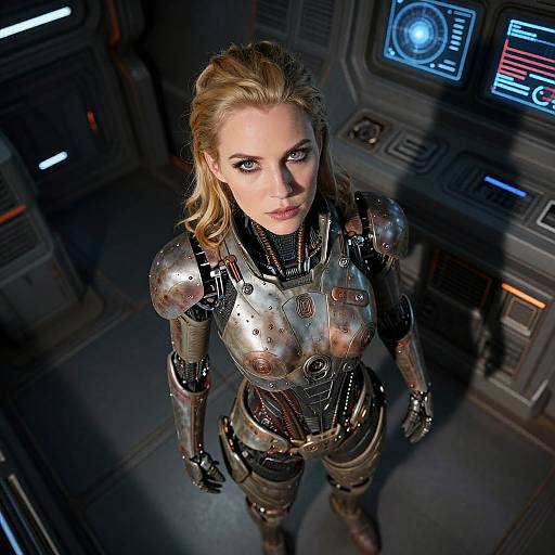 Photorealistic CGI of a blonde, blue-eyed woman in metallic sci-fi armor, standing in a dimly lit futuristic spaceship interior.