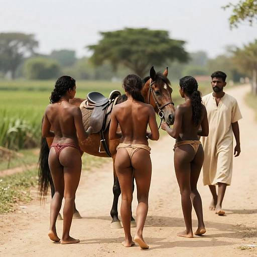 Muscular Women Interacting with Horse