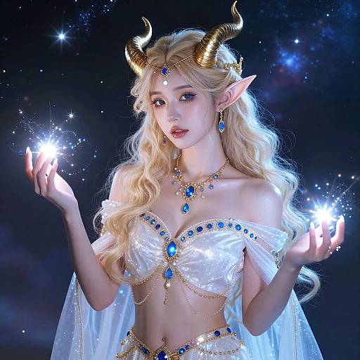 Digital artwork of a beautiful, blonde, elven woman with golden horns, wearing a white, bejeweled, off-shoulder top,