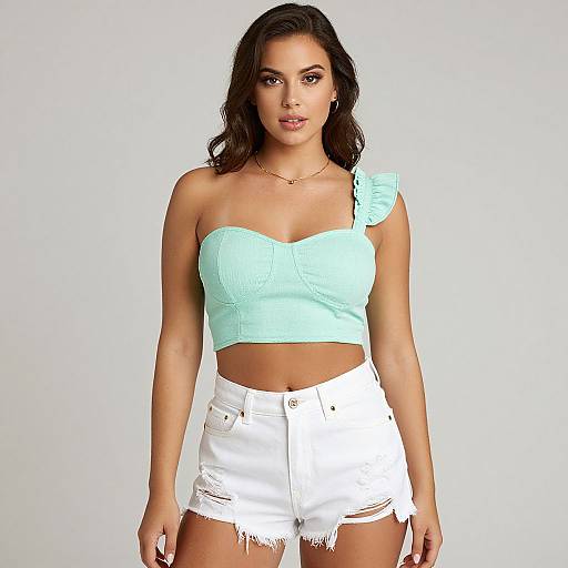 Photograph of a woman with medium brown skin, dark wavy hair, wearing a light blue strapless crop top and white frayed denim shorts,