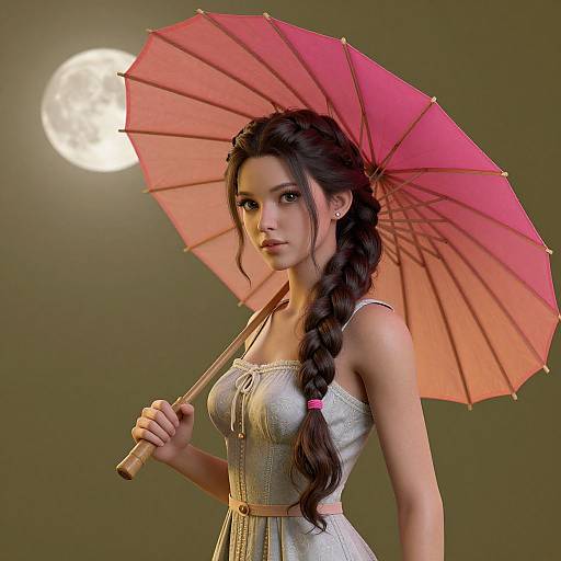 Digital artwork of a young woman with long braided brown hair, holding a pink umbrella, wearing a light gray dress, against a moonlit green background