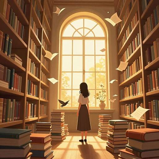 Digital illustration of a girl in a library, back view, standing between sunlit arched window and wooden bookshelves, surrounded by flying papers and