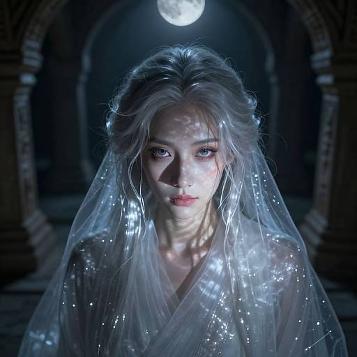 Digital artwork of a pale, ethereal woman with blue eyes, wearing a translucent, sparkling veil, illuminated by moonlight in a dark, arched