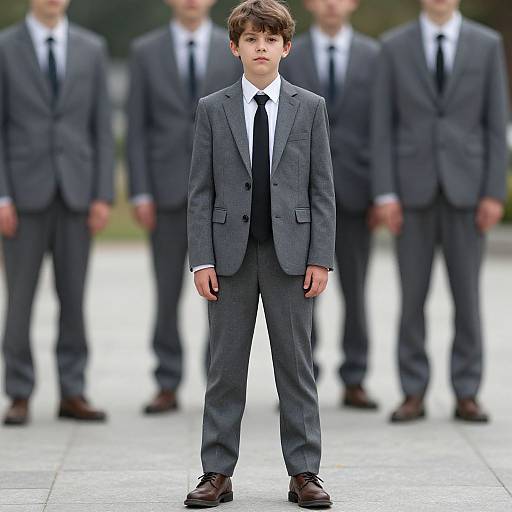 Photograph of a young boy in a grey suit, black tie, and brown shoes, standing centered with blurred adult men in similar attire in the background