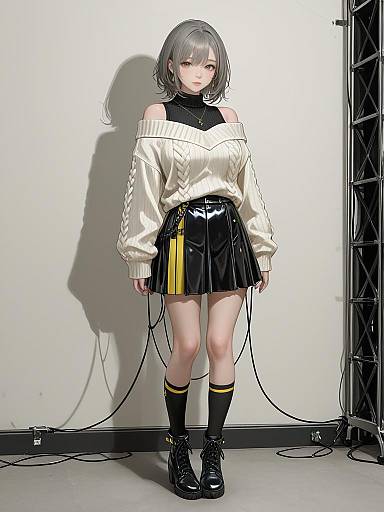 Digital anime-style drawing of a silver-haired girl in a white off-shoulder sweater, black vinyl skirt, knee-high socks, and black boots,